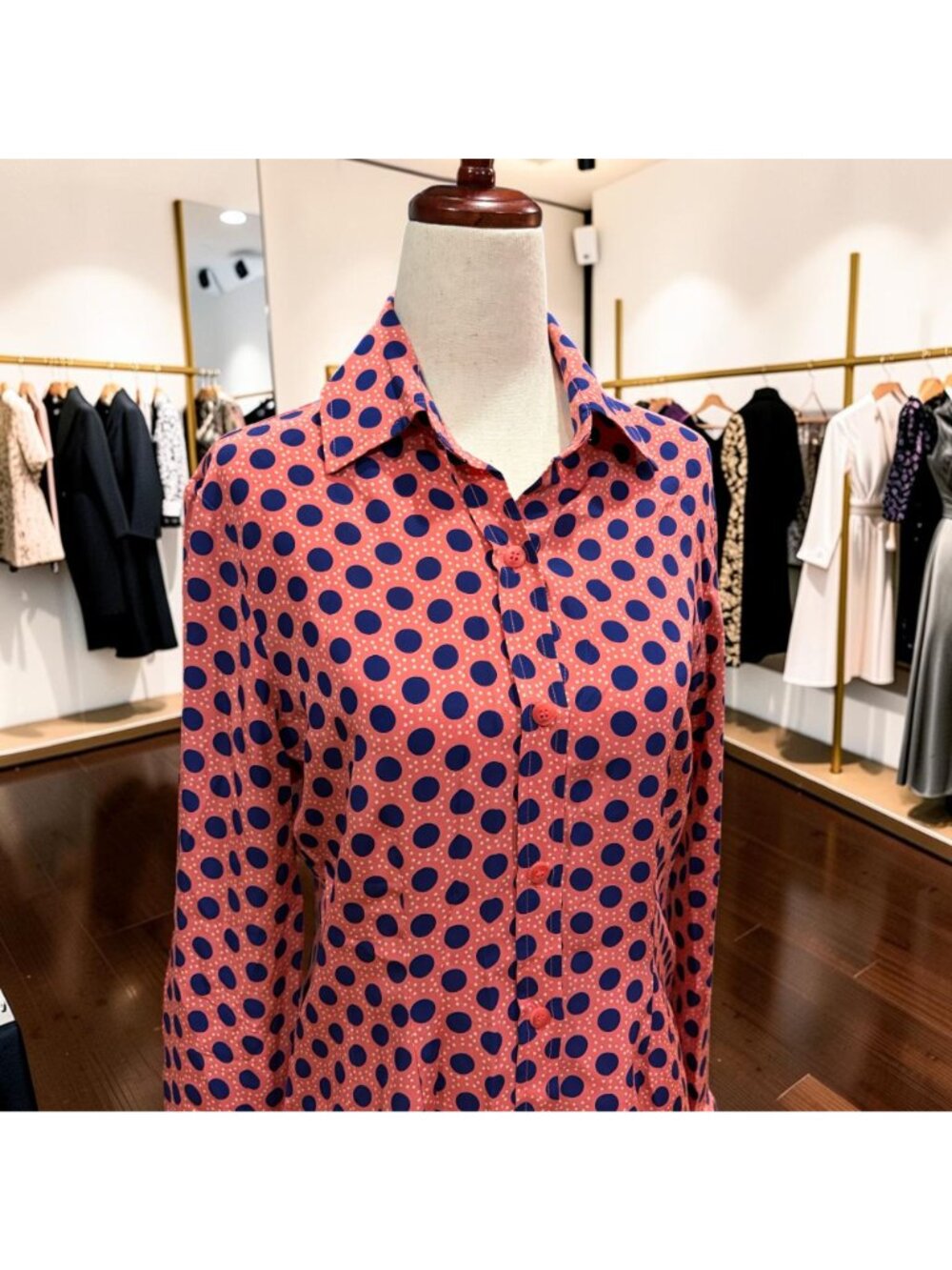 Tucker Silk Shirt Dress Peach Blue Polka Dot Button Front Womens Size P Small - Picture 4 of 12
